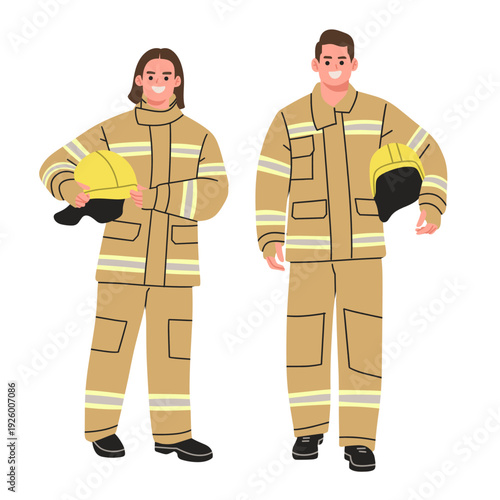 vector illustration of male and female firefighters wearing protective uniforms with reflective stripes. ideal for fire department, emergency response, rescue service, safety awareness, public protect