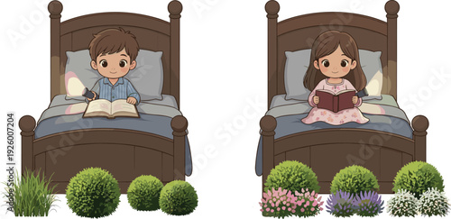 Cute cartoon children character set with young boy and girl sitting in bed reading books with flashlights at night for bedtime story illustration