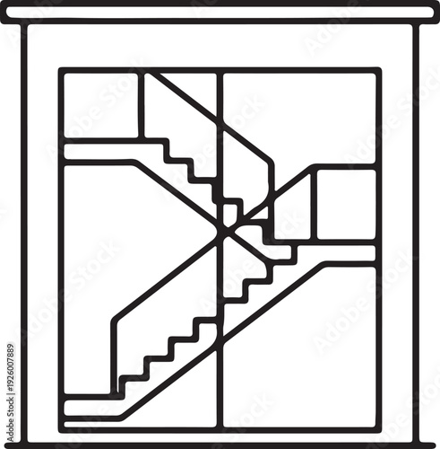 Modern glass building staircase icon showing multi-level internal stairs through a window facade representing contemporary office interior architectural floor planning and urban structural development