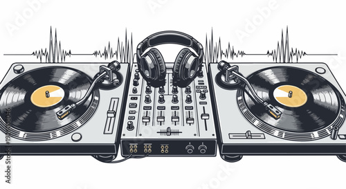Dj equipment with turntables mixer and headphones for music production and performance in a studio