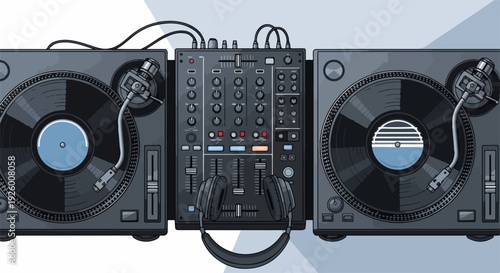 Professional dj equipment setup with turntables and mixer on white background for music production and live performance