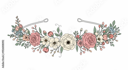 Floral garland with pink white and green leaves on silver metal hoop decoration for wedding party or event beautiful elegant flowers arrangement