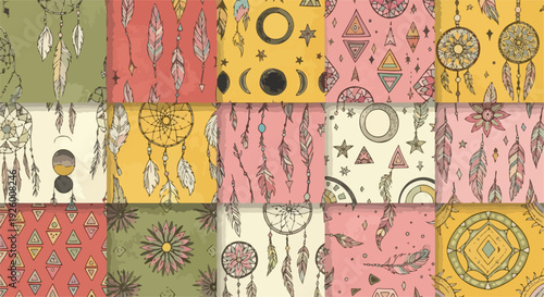 Vibrant dreamcatcher pattern with feathers moons stars and colorful squares for bohemian designs textiles and wall art