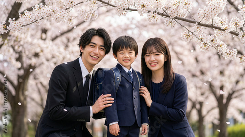 満開の桜の中で子供の小学校入学式で笑顔の家族