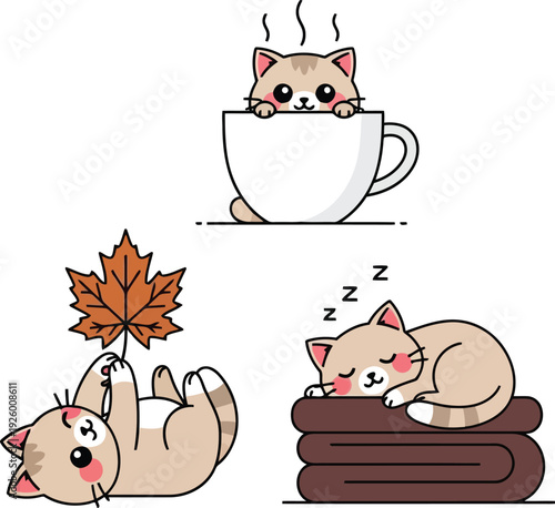 Cute Autumn Cat Illustrations Set with Cozy Cup, Sleeping Blanket, and Maple Leaf in Cartoon Style