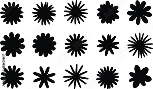 Black Hand Drawn Flower Silhouettes and Floral Starburst Icons Set with Minimalist Botanical Doodles and Abstract Nature Graphic Elements for Modern Design Projects and Patterns