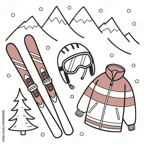 Hand drawn doodle ski essentials collection. Winter activities