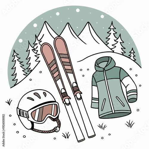 Hand drawn doodle ski essentials collection. Winter activities