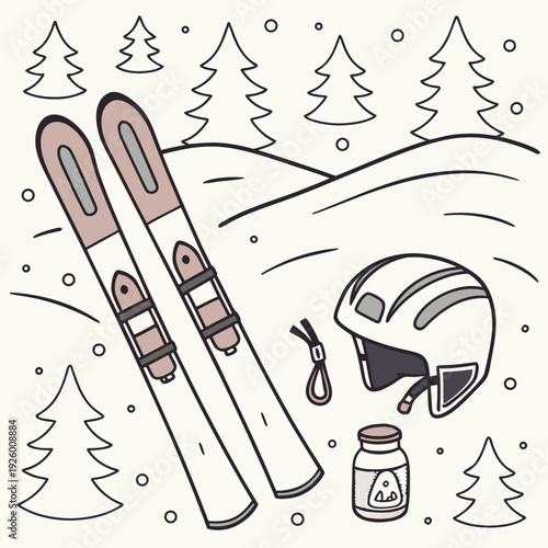 Hand drawn doodle ski essentials collection. Winter activities