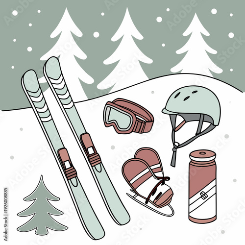 Hand drawn doodle ski essentials collection. Winter activities