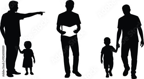 Black silhouette set of fathers with children and man reading book isolated on white background representing parenting education guidance and family lifestyle growth concepts