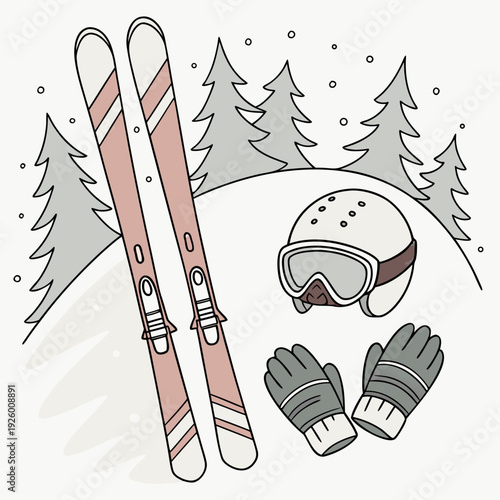 Hand drawn doodle ski essentials collection. Winter activities