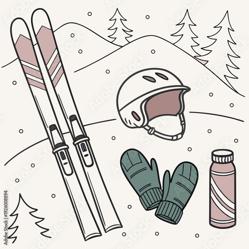 Hand drawn doodle ski essentials collection. Winter activities