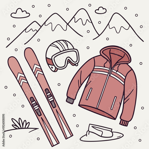 Hand drawn doodle ski essentials collection. Winter activities