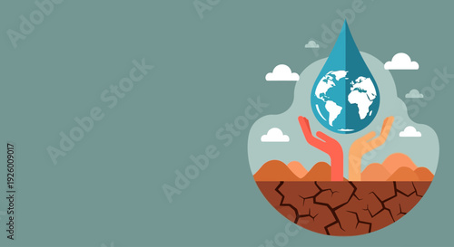 Water Crisis World Water Day Water Drop Over Dry Earth Flat Vector Background