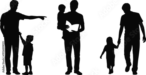 Black silhouettes of a father and son bonding through different activities including walking together, reading a book, and pointing toward the future.
