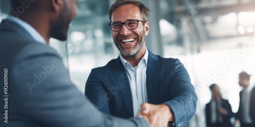 Professional business partners engaging in a warm handshake, showcasing friendship and trust in a modern office environment with blurred coworkers in background
