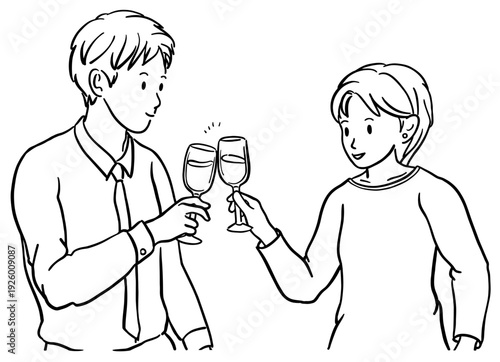 ワインで乾杯する男女のイラスト　線画
