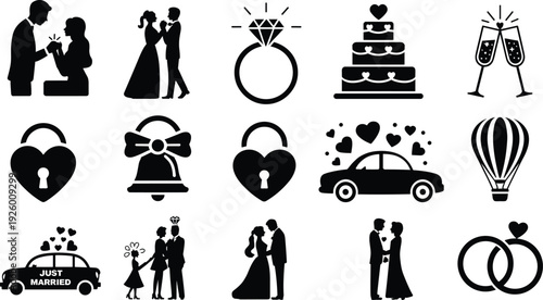 Black Wedding Icons Set Featuring Romantic Couple Silhouettes Marriage Proposal Diamond Ring Tiered Cake Just Married Car Heart Locks And Elegant Celebration Graphics For Design