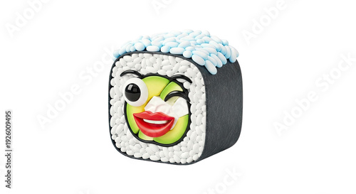 Funny sushi roll with avocado face and cartoon features
