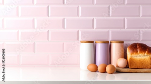 Modern kitchen scene featuring colorful jars, eggs, and a loaf of bread against a pink tiled wall