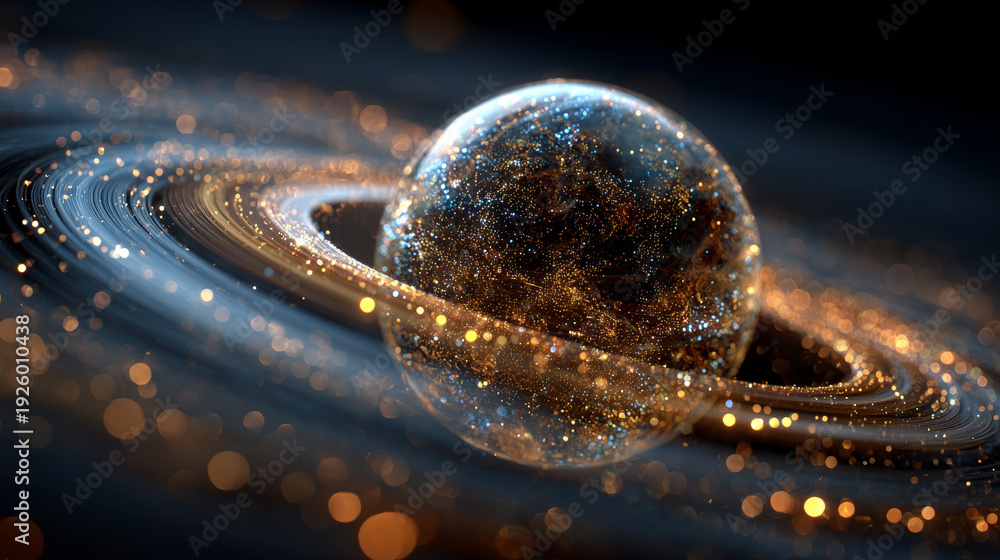 Fototapeta premium Cosmic planet with glowing rings and starry surface