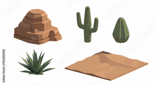 Desert landscape elements including cacti rock formation and sandy terrain with agave plant