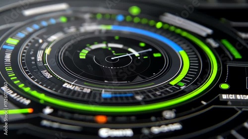 A close-up view presents a futuristic digital control panel with concentric rings, glowing accents