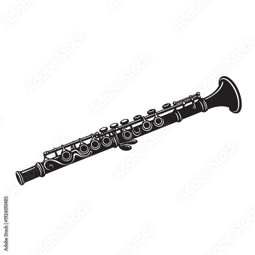 Clarinet Icon Black and White Vector Illustration – Woodwind Musical Instrument Isolated on White Background