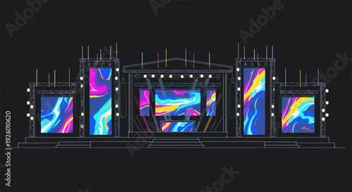Vibrant led screens on a futuristic stage setup with colorful displays and lights on a dark background