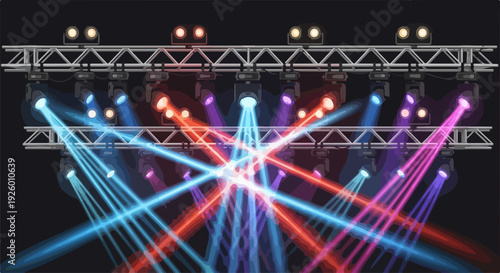 Vibrant stage lights shining brightly on a dark background with colorful beams and truss system