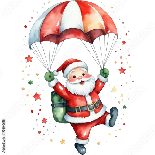 watercolor smiling santa claus with red white parachute and stars holiday clipart on transparent background