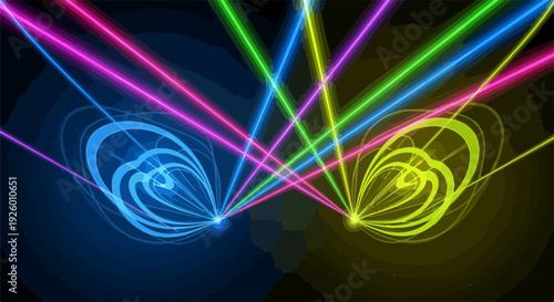 Vibrant laser beams swirling in blue and yellow intersecting in mid air against a dark background with concentric circles