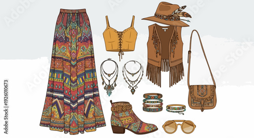 Vibrant bohemian outfit with eclectic accessories and colorful clothing laid out on a white background