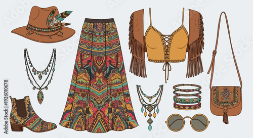 Boho chic fashion outfit with fringe top embroidered skirt and accessories on white background