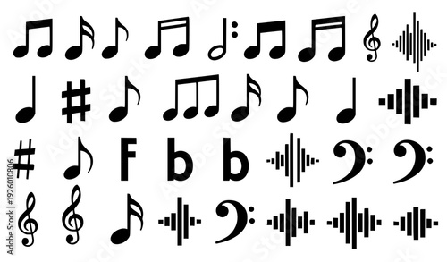 Music Note and Sound Symbol Icon Set with Musical Notation, Audio Waves, Clefs, Rhythm Signs, and Melody Elements for Media Designs