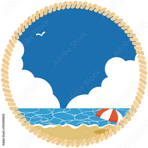 ビーチパラソルのあるビーチのマリンフレーム背景イラスト素材