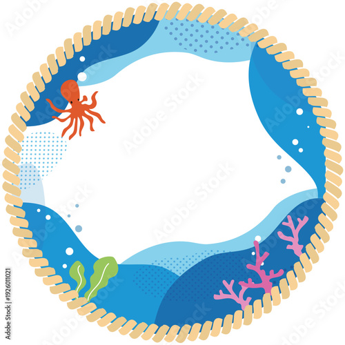 タコと海中マリンフレーム背景イラスト素材