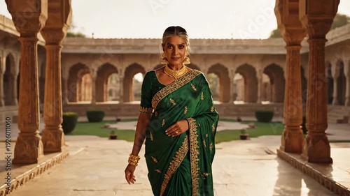 Elegant Indian woman in saree with gold jewelry dancing outdoors