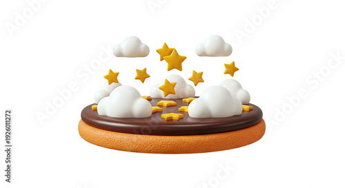 3D Render of Chocolate Cookie with Clouds and Stars