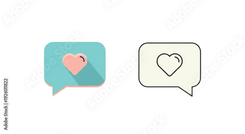 Love Chat Bubble Icon Set – Heart Message Flat and Outline Vector Collection