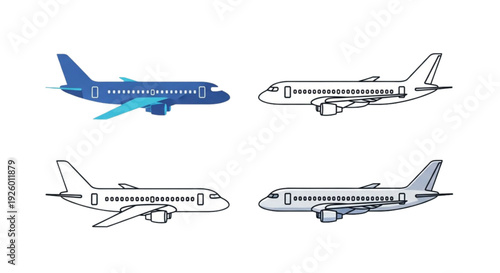 Airplane Icon Set – Travel and Aviation Flat and Outline Vector Collection