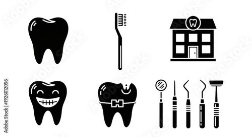 Dental Care Icon Set – Tooth, Dentist and Oral Health Solid Vector Collection