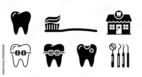 Dental Care Icon Set – Tooth, Dentist and Oral Health Solid Vector Collection