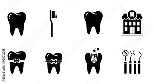 Dental Care Icon Set – Tooth, Dentist and Oral Health Solid Vector Collection