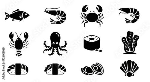 Seafood Icon Set – Fish, Shrimp and Marine Food Solid Vector Collection