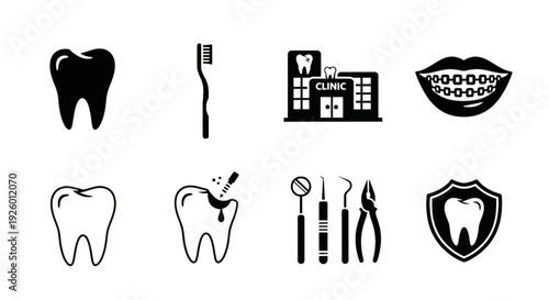 Dental Care Icon Set – Tooth, Dentist and Oral Health Solid Vector Collection