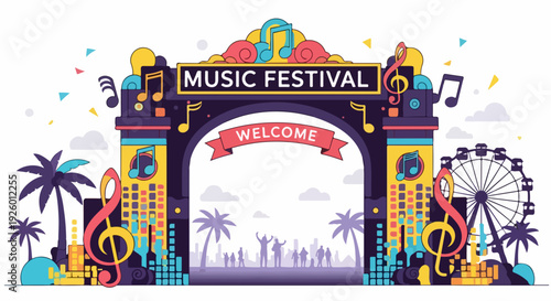 Vibrant music festival entrance gate with colorful decorations palm trees and a ferris wheel under a lively sky