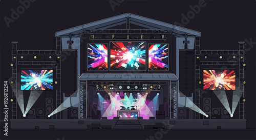 Neon lit building facade with colorful displays and speakers nightclub or concert venue with vibrant lights