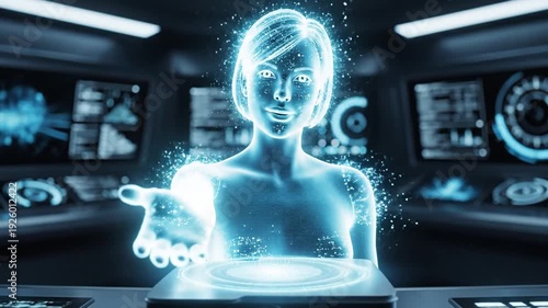 Hologram AI Assistant Projection in Futuristic Control Room